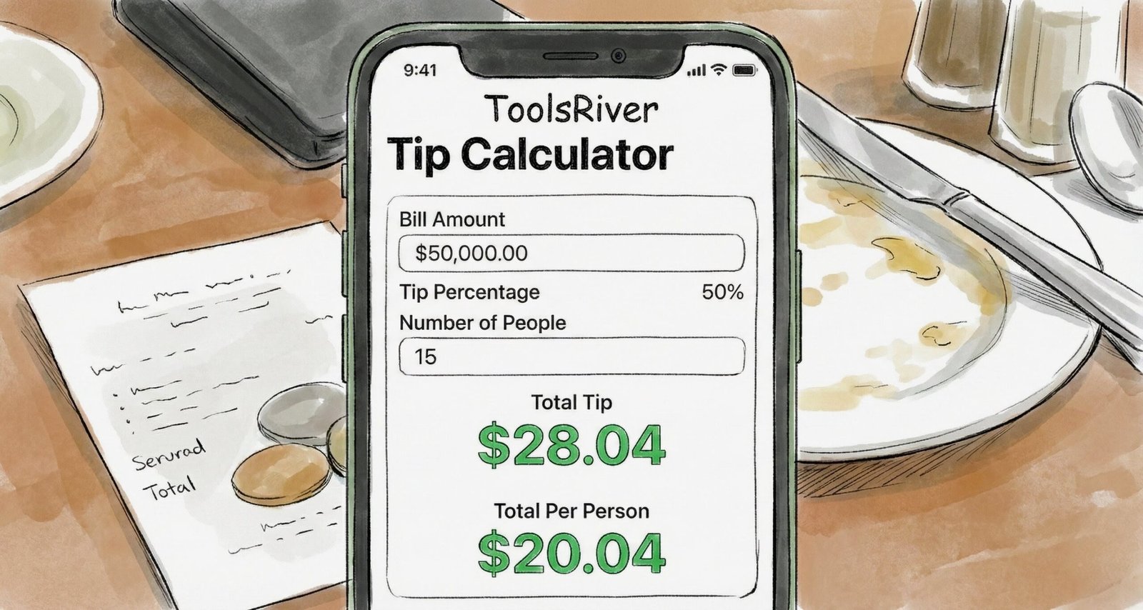 Online tip calculator tool by ToolsRiver to calculate gratuity and split bills easily.