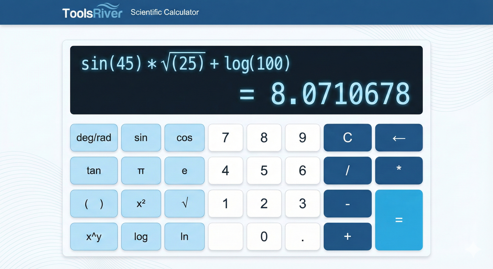 Free Online Scientific Calculator Tool for Trigonometry, Algebra, and Logarithms.