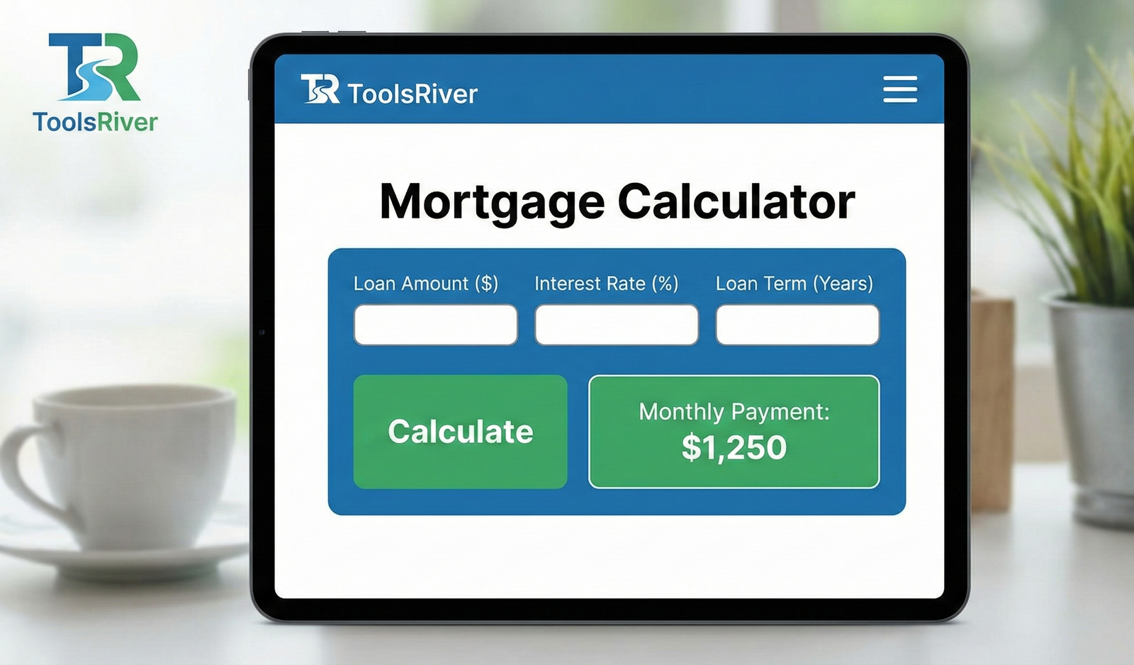 Online mortgage calculator interface showing fields for loan amount, interest rate, and loan term.