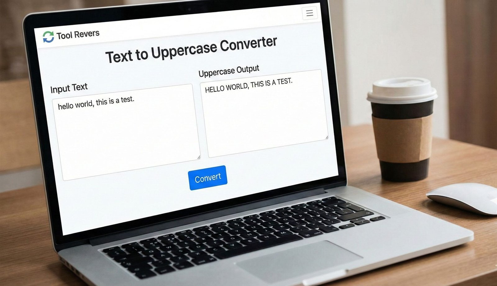 "Interface of a Text to Uppercase Converter transforming lowercase words into capital letters.