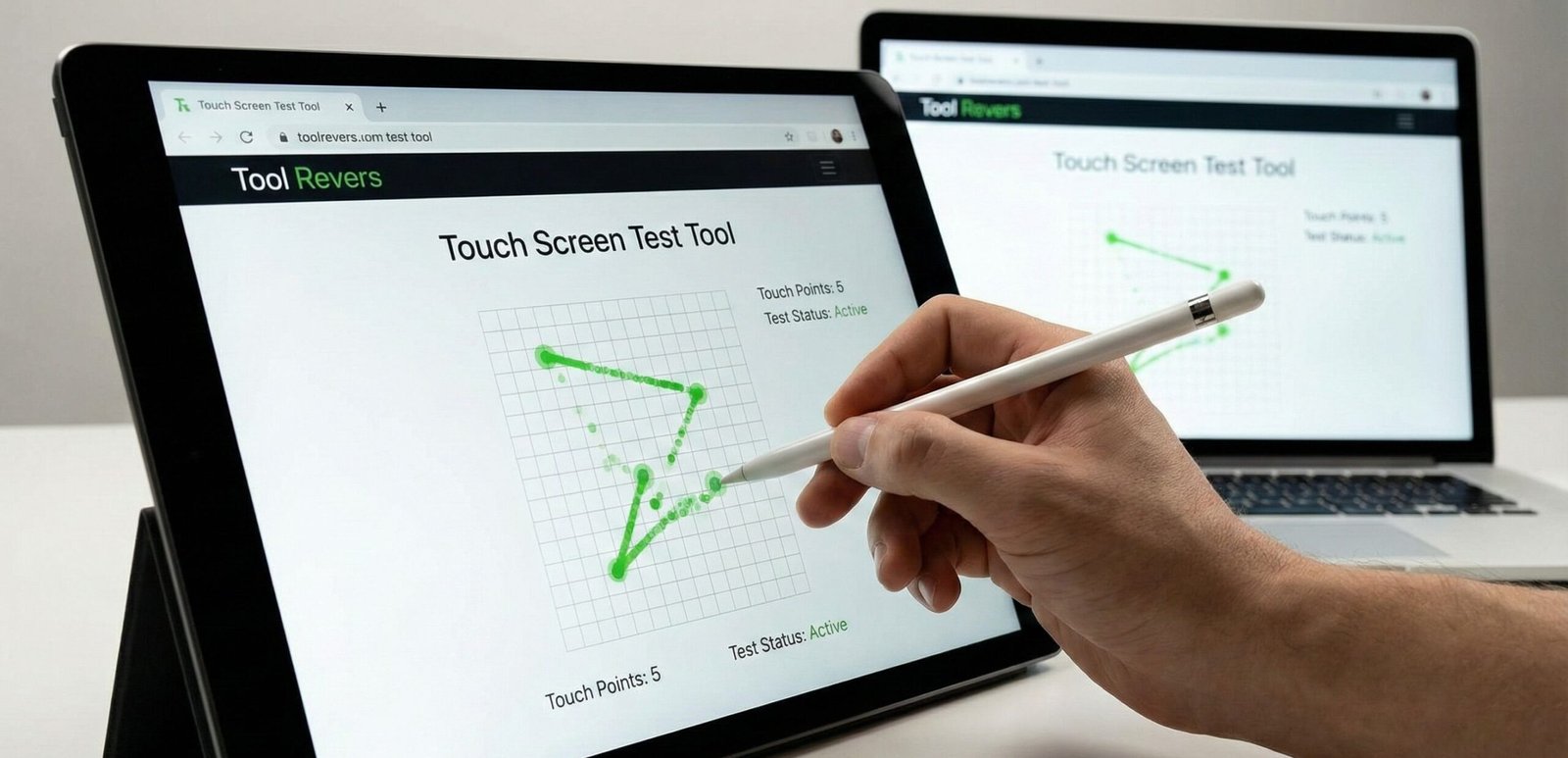Interface of the Touch Screen Test Tool showing active touch points and response paths on a display