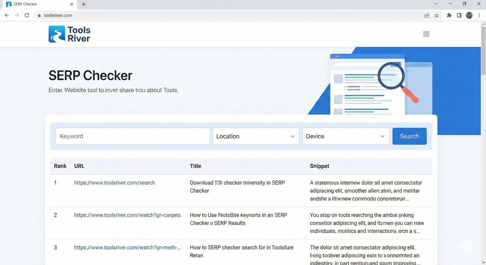 User interface of a free online SERP Checker tool showing keyword ranking positions