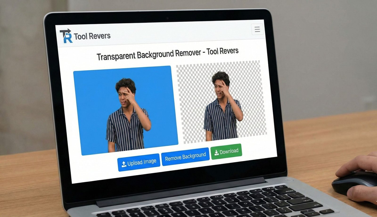 Before and after comparison showing the Transparent Background Remover deleting the background from a photo