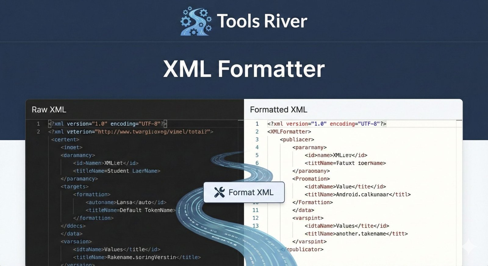 Online XML formatter tool interface showing raw code input and beautified XML output with syntax highlighting.