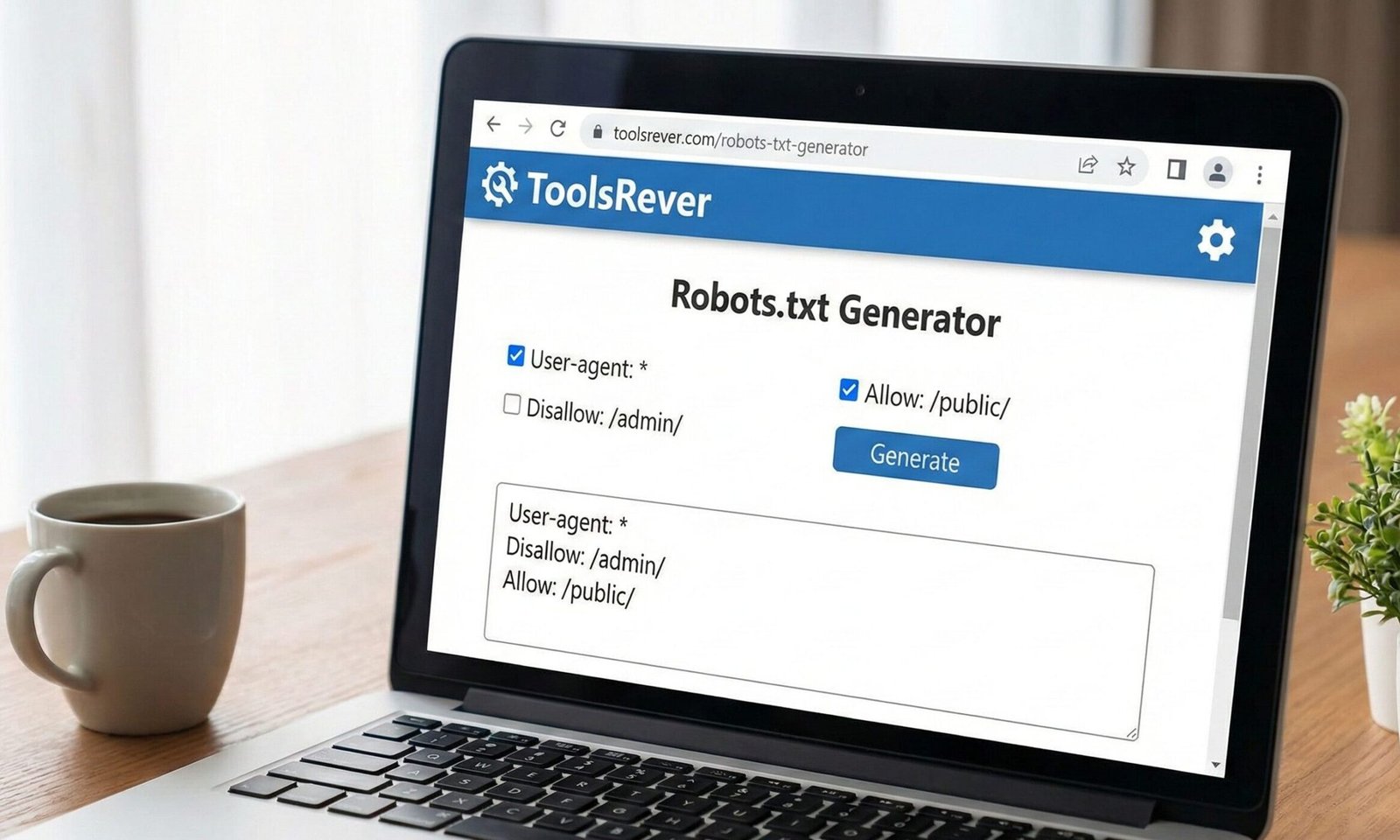 User interface of the free online Robots.txt Generator tool for controlling web crawlers.