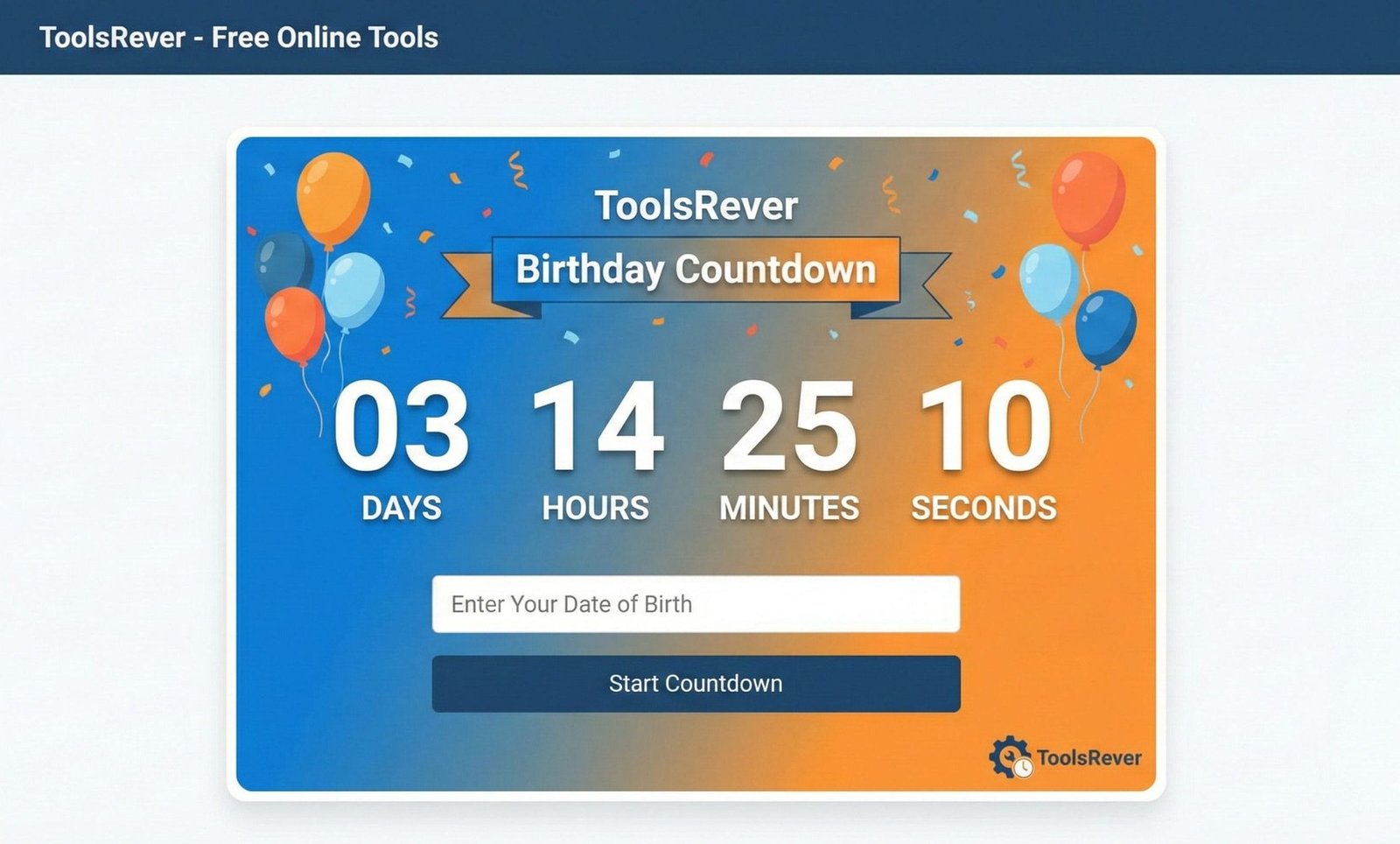 Online Birthday Countdown tool icon with balloons and timer