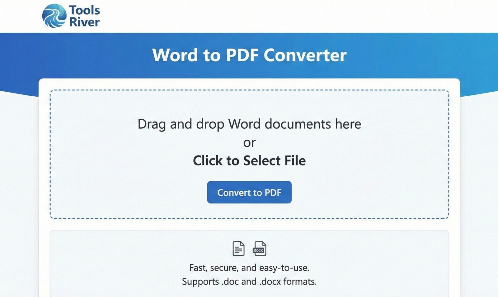 Alt Text Interface of a free online Word to PDF converter tool featuring drag-and-drop functionality for DOCX files.