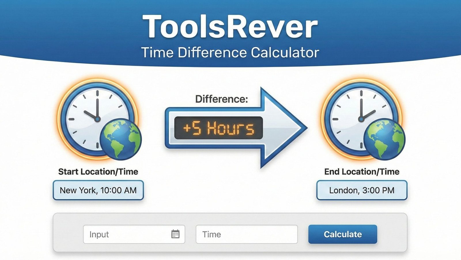 Interface of the Time Difference Calculator computing the total hours and minutes between two different times.