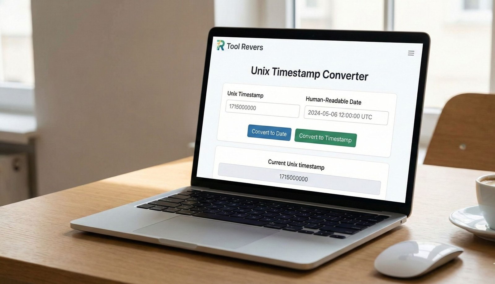 User interface of a Unix Timestamp Converter tool showing an input field for epoch seconds and the converted human-readable date.